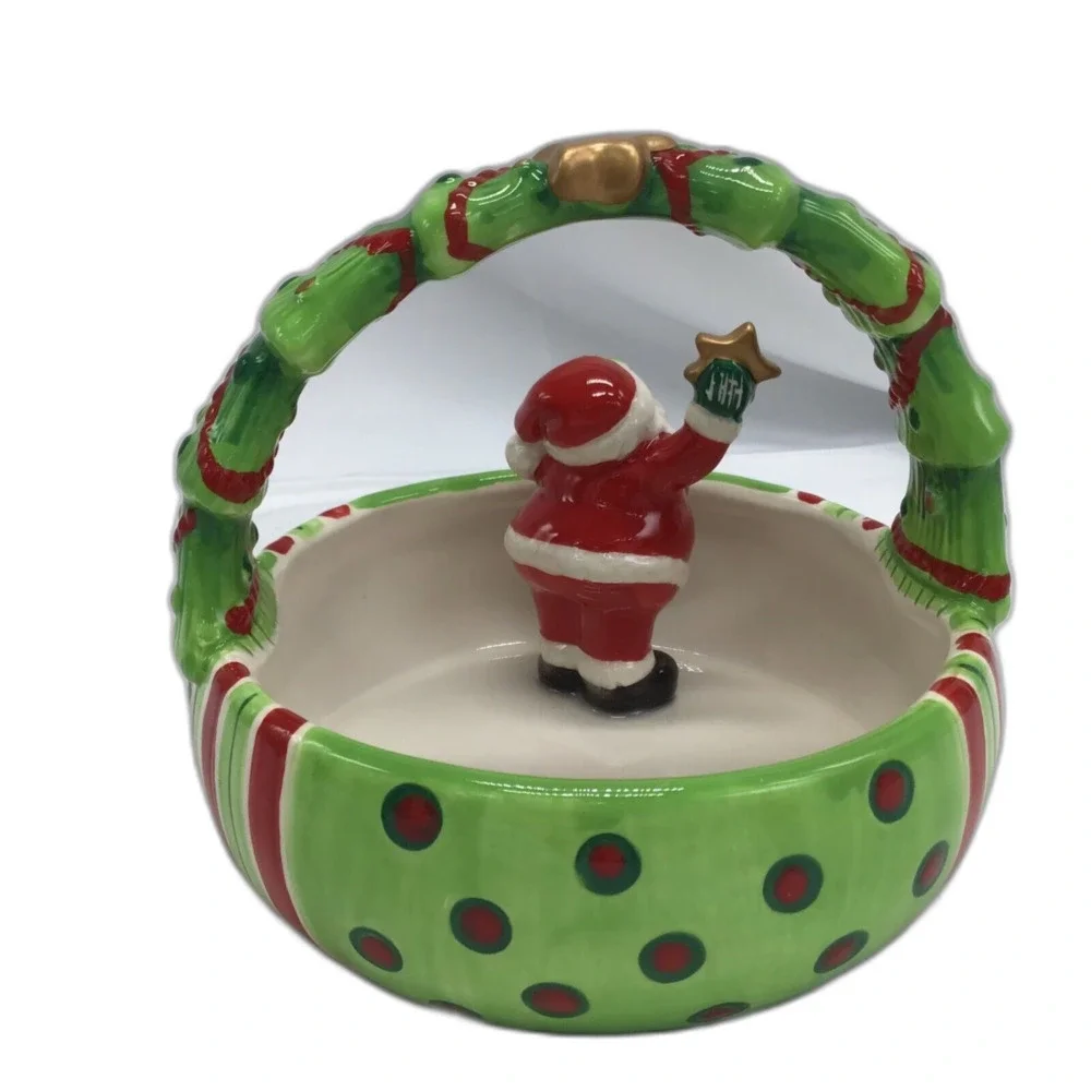 Fitz Floyd Ceramic Santa Bowl Candy Dish With Box Green Stripe Christmas